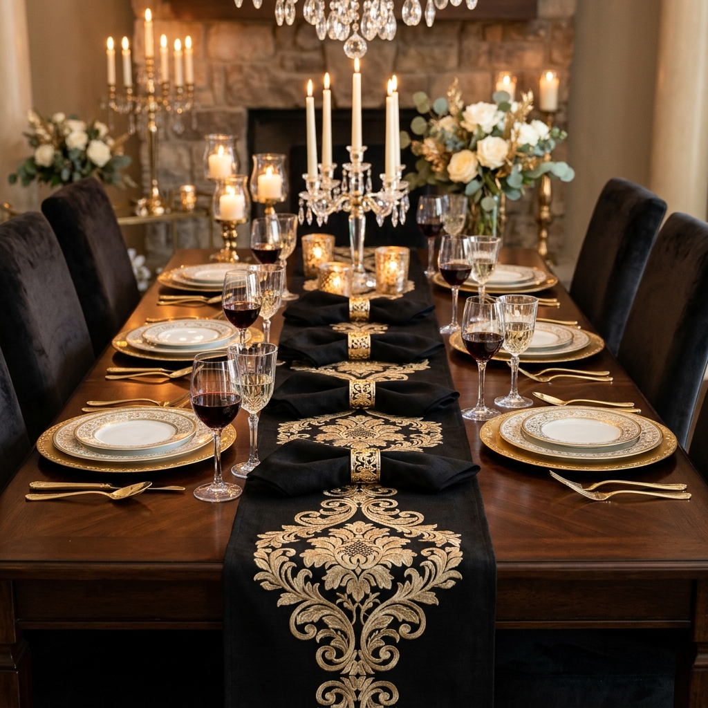 Chemin de Table Luxe Brodé Or & Ensemble de 6 Serviettes