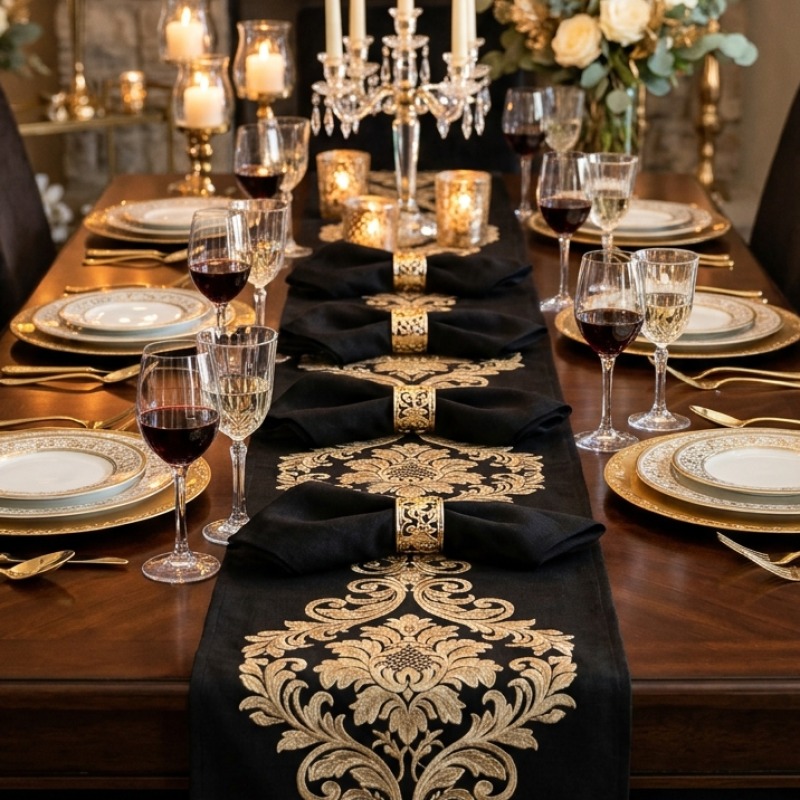 Détail des broderies d'or et ourlet festonné